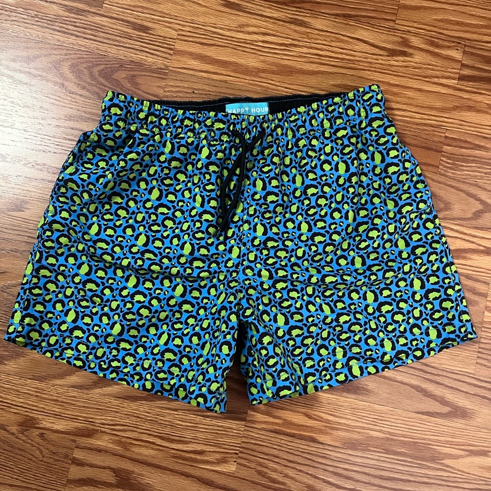 Happy Hour Blue and Green Patterned Men's Swim Trunks